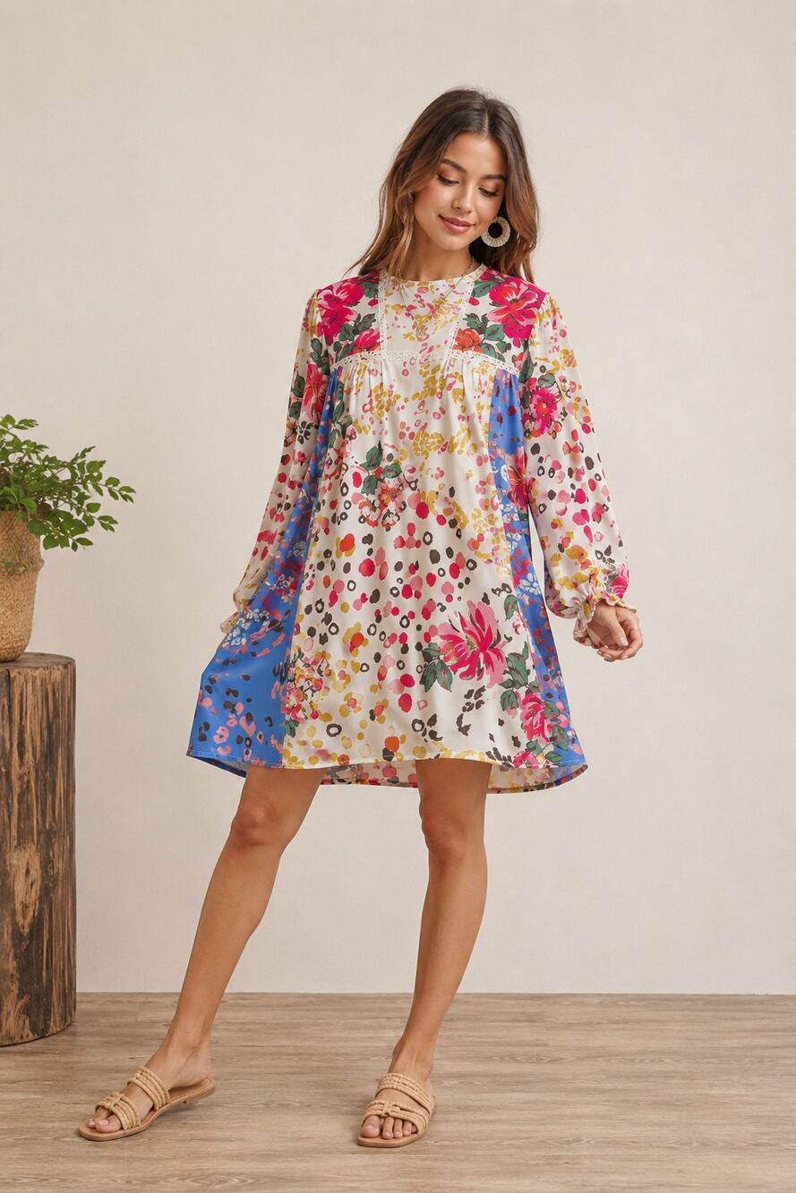 Umgee Mixed Print Floral Boho Cottagecore Shift Tunic Dress Size Small